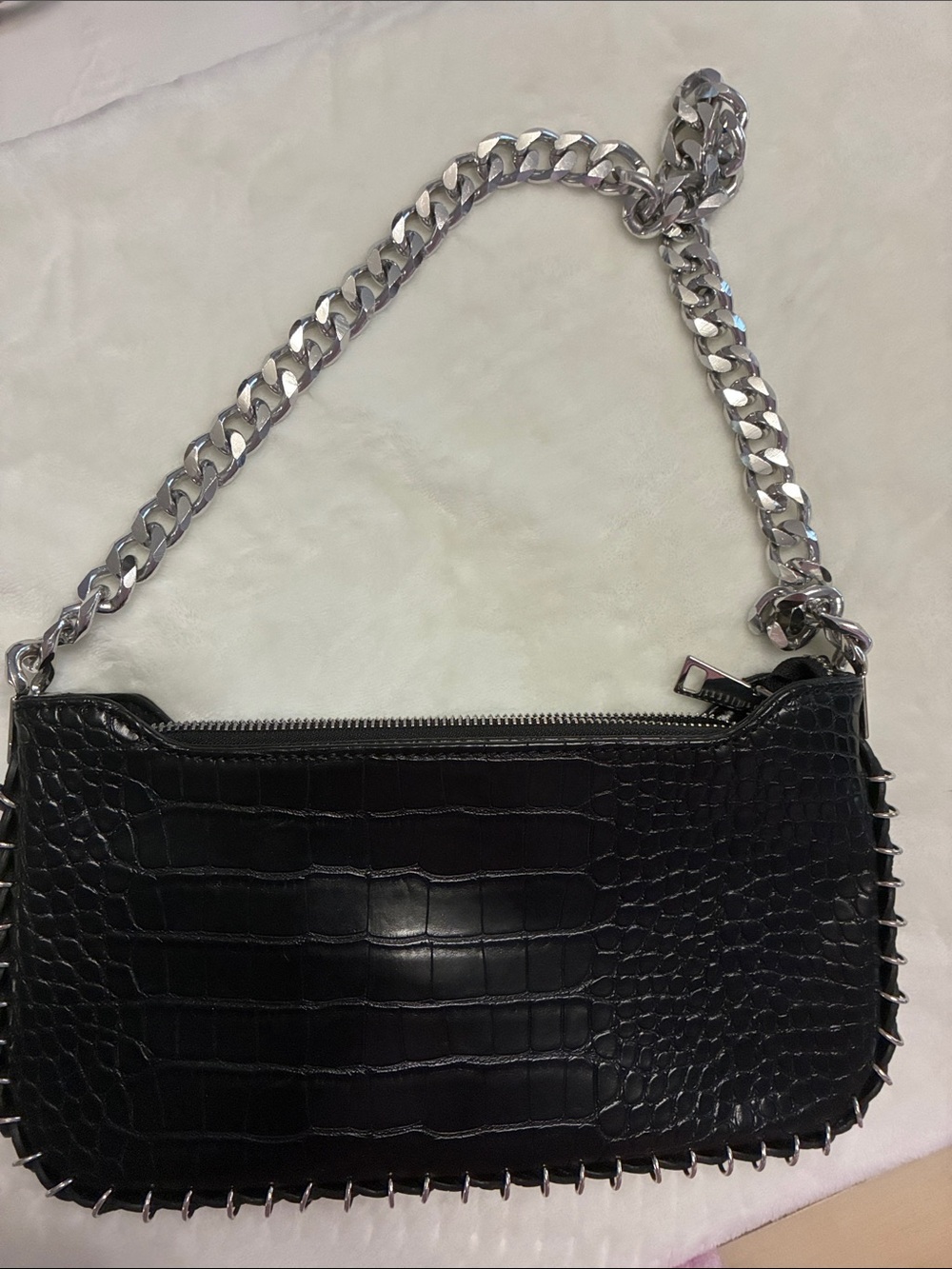 Black Croc-Embossed Shoulder Bag with Silver Chain